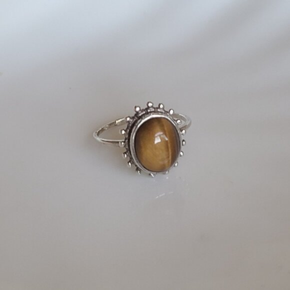 Vintage Boho Sterling Silver Brown Tiger's Eye Gemstone Cabochon Ring 6.5 - Picture 2 of 12